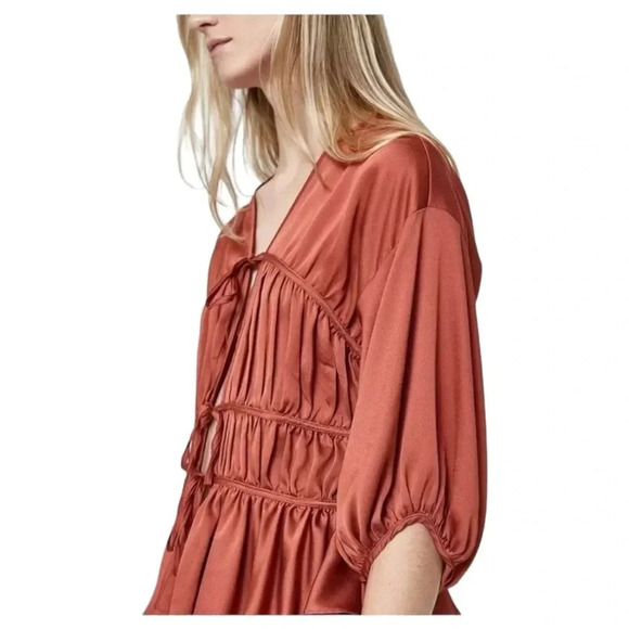 Farrow Mauve Brick Red Ruched Tie Front Boho Peasant Blouse 3/4 Sleeve Satin Top - Picture 4 of 11